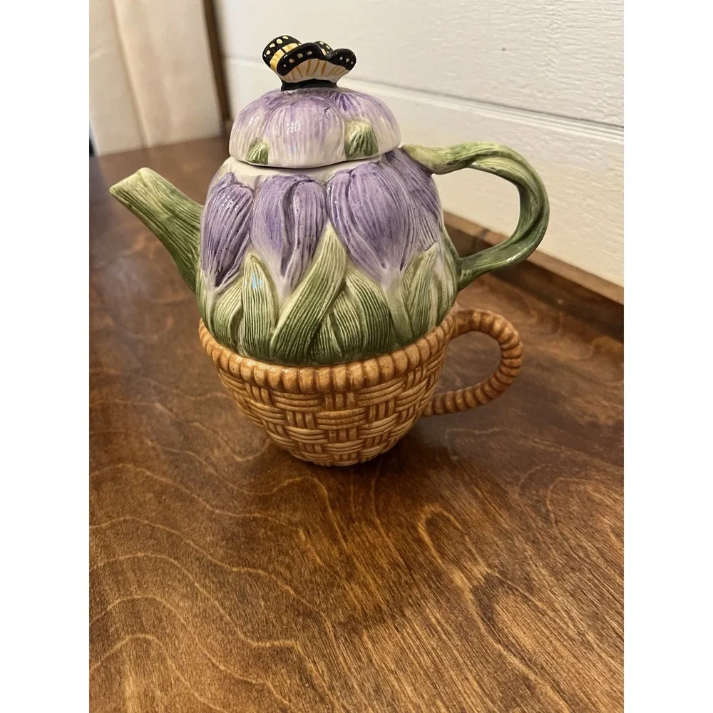 Certified International Corp Peggy Jo Ackley Fashion Teapot-Cup Purple Tulip 421